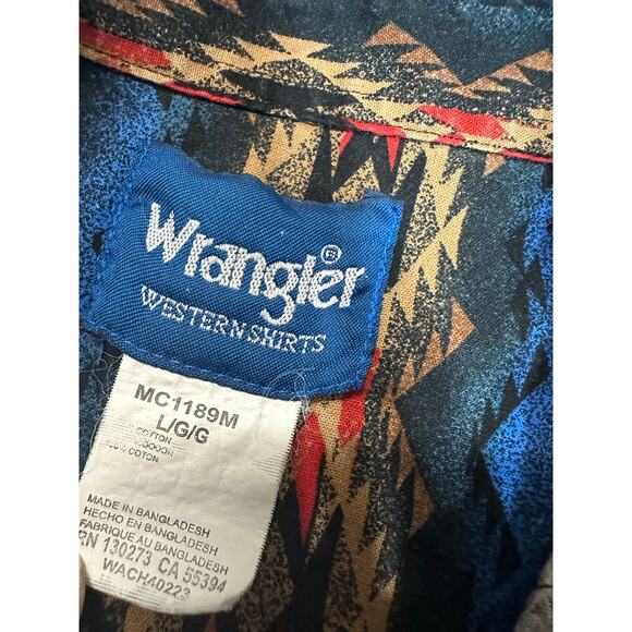 VTG Wrangler Pearl Snap Western Cowboy Shirt Long Sleeve Aztec Blue Mens Large - Picture 2 of 9
